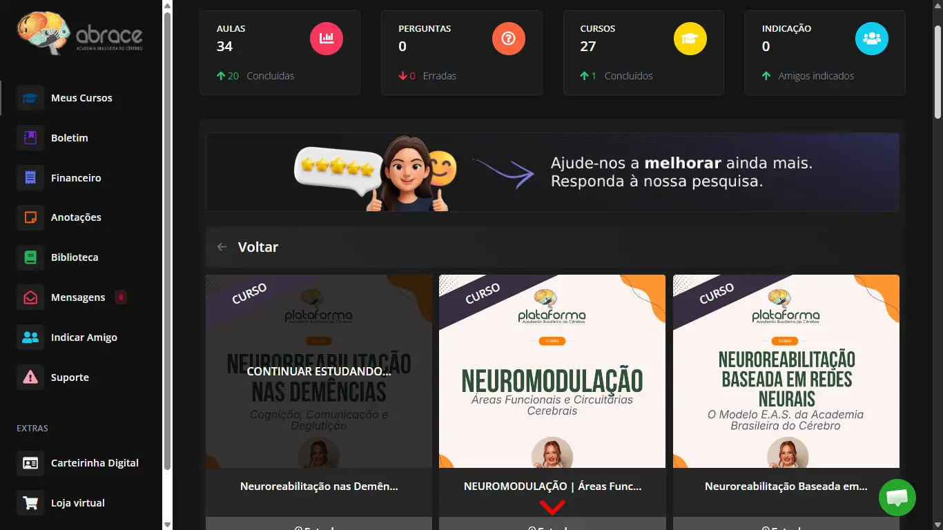 Área do aluno da plataforma ABRACE com o catálogo de cursos de neurorreabilitação e o progresso de aulas concluídas