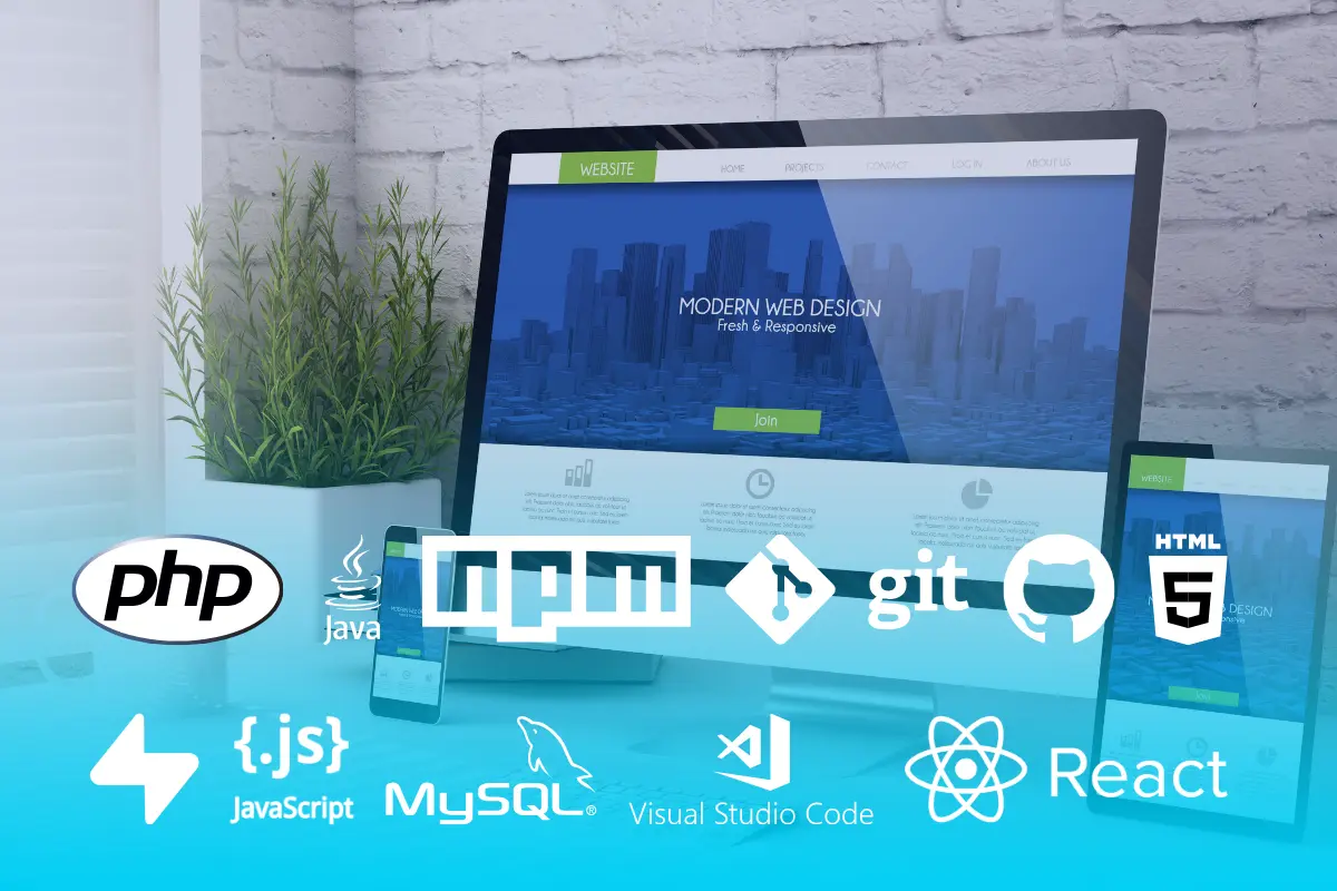 Monitor, tablet e celular exibindo o layout de um site responsivo, cercados por elementos de tecnologia web